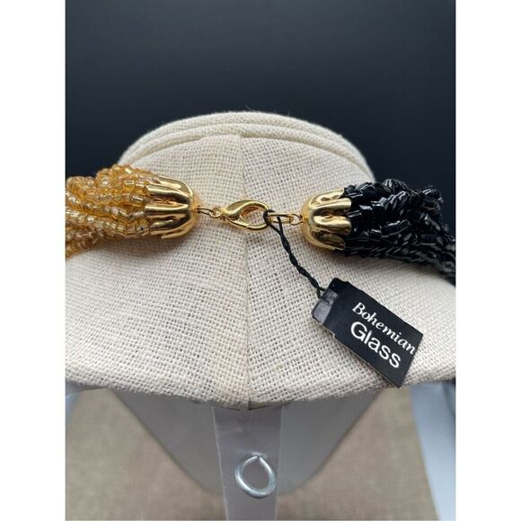 Bohemian Glass Vintage Seed Beaded Black & Gold Looped Necklace - Picture 2 of 5